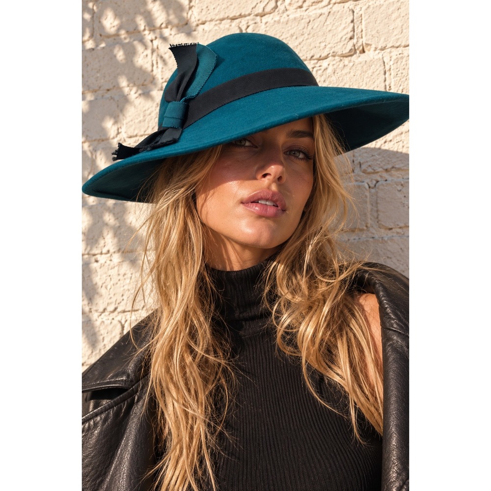Vintage Liz Claiborne Teal 100% Wool Wide Brim Bow Sun Hat Fedora OS